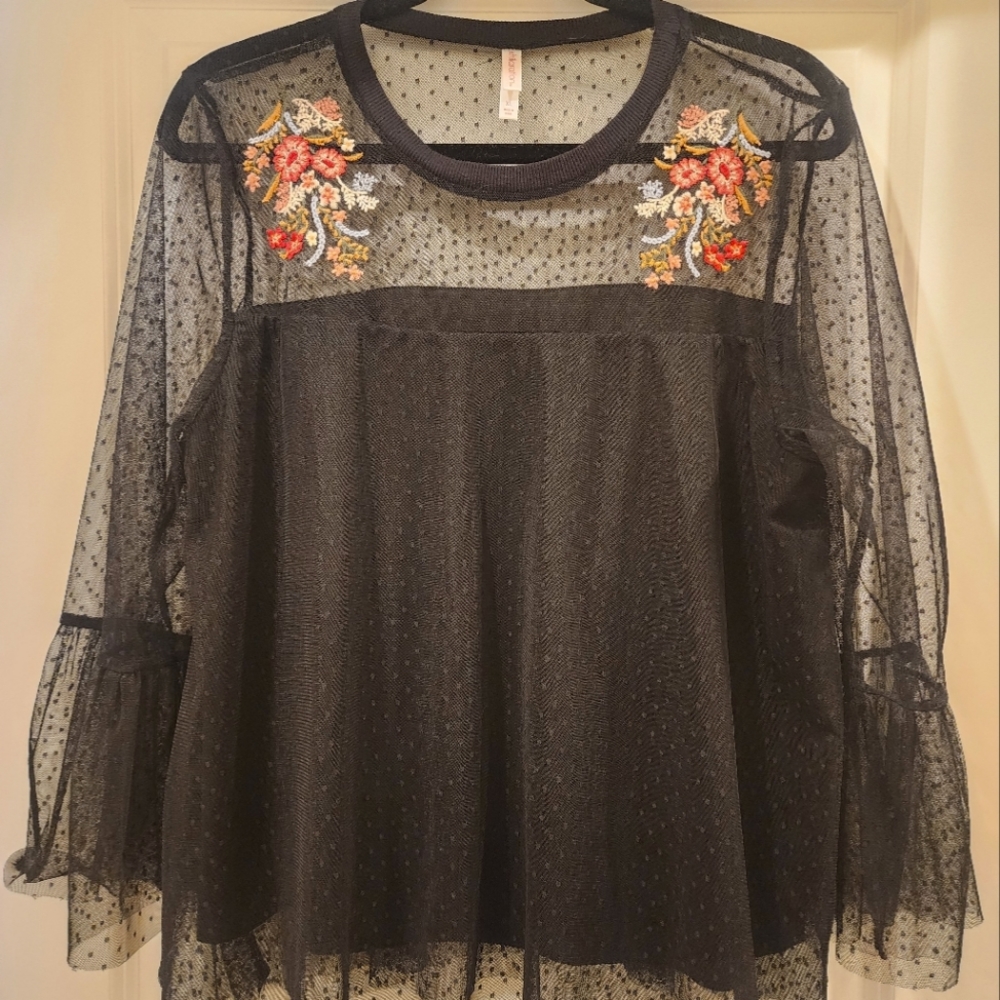 Women's Sheer Floral Embroidery Lace Blouse XL/L